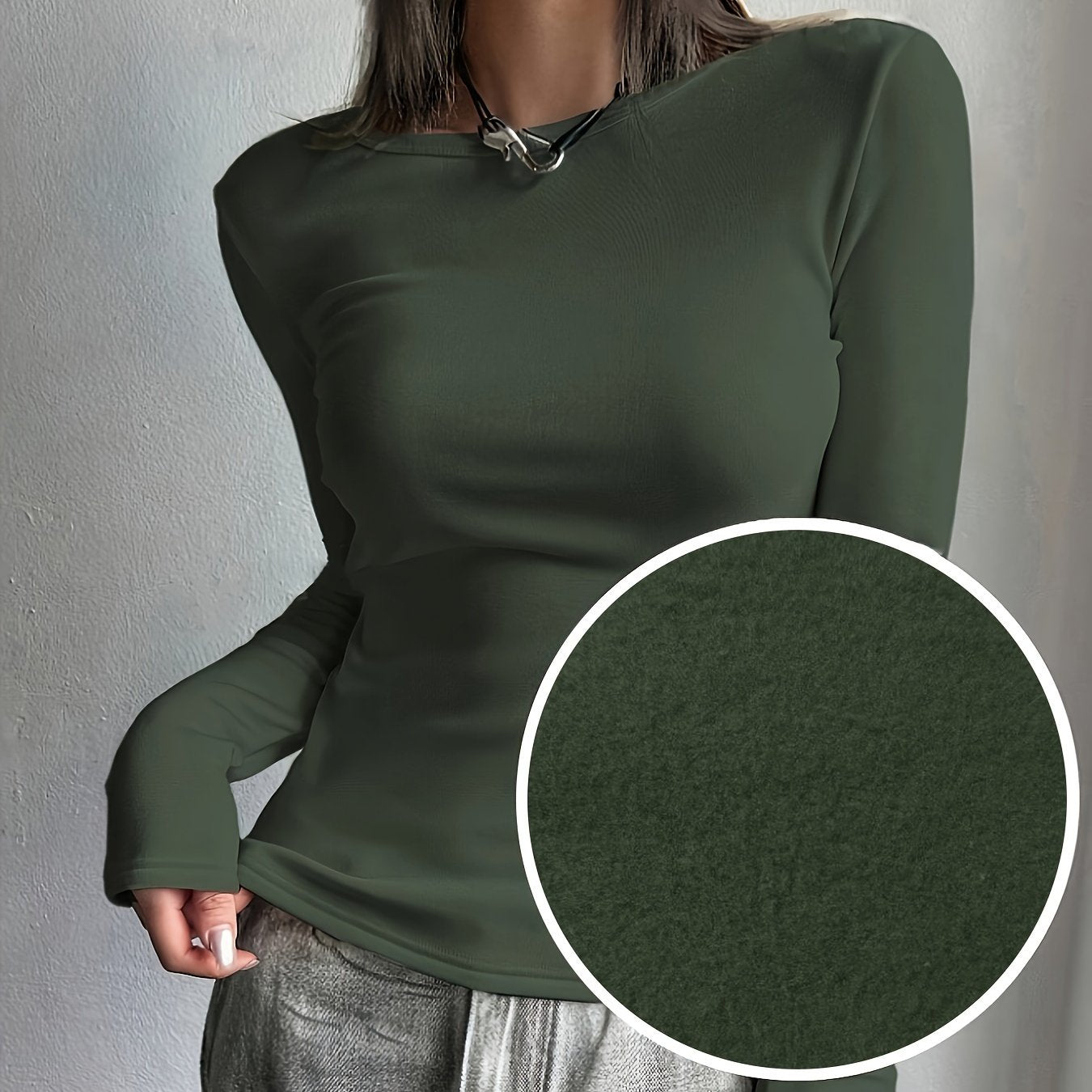 Women's Long Sleeve Crew Neck Top Solid Color Fall Winter Polyester Elastane Stretch Fabric