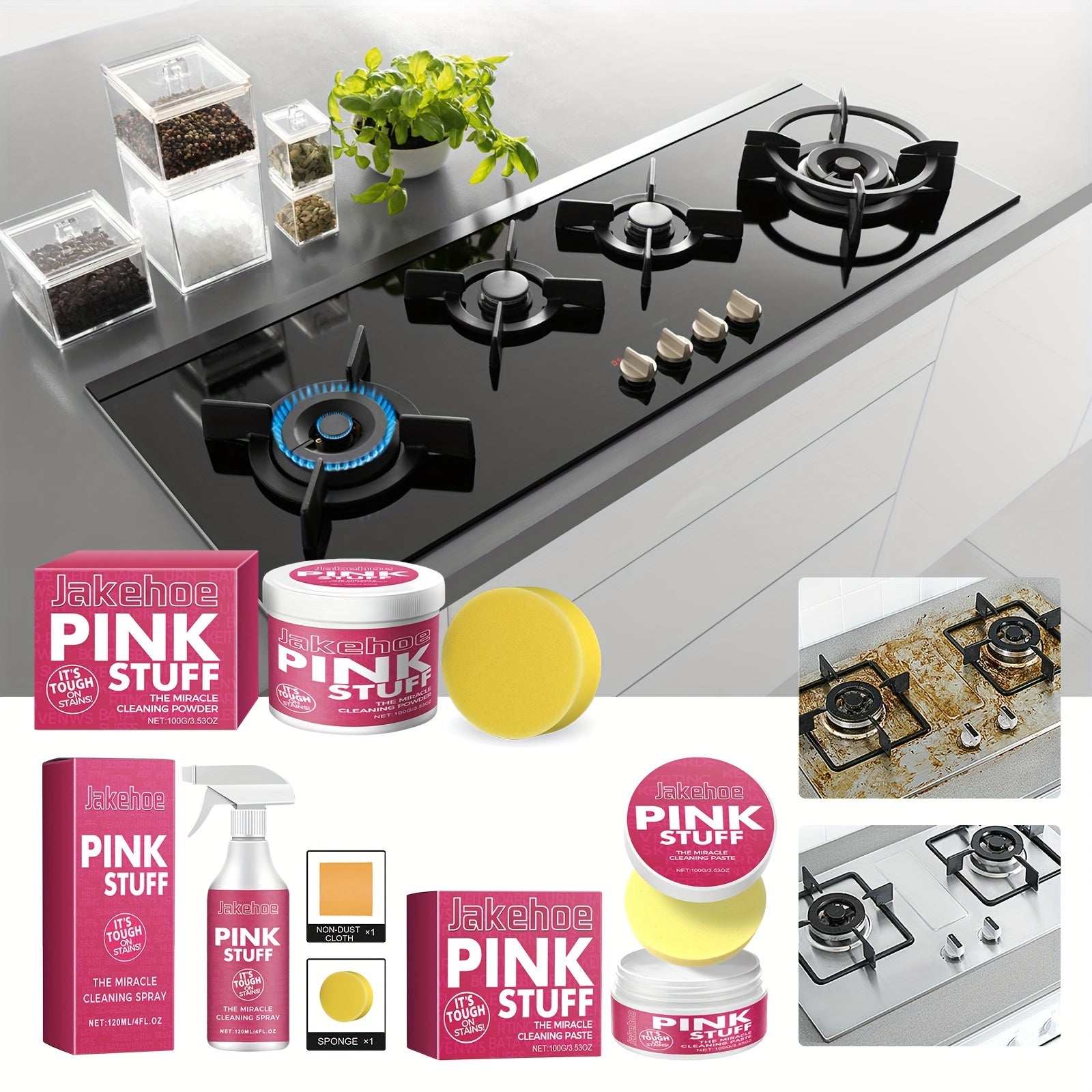 Pink Kitchen Cleaner 2-Piece Set Plastic Stain and Grease Remover