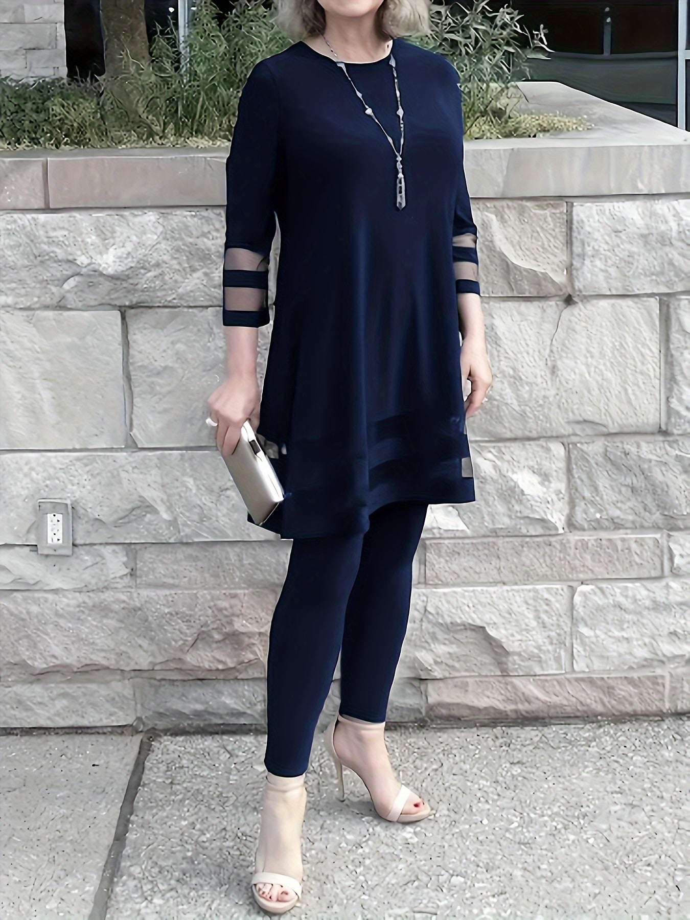 Katta o'lchamdagi mesh ikki qismli to'plam, crew neck bluzka va shimlar, ayollar uchun katta o'lchamdagi kiyimlar