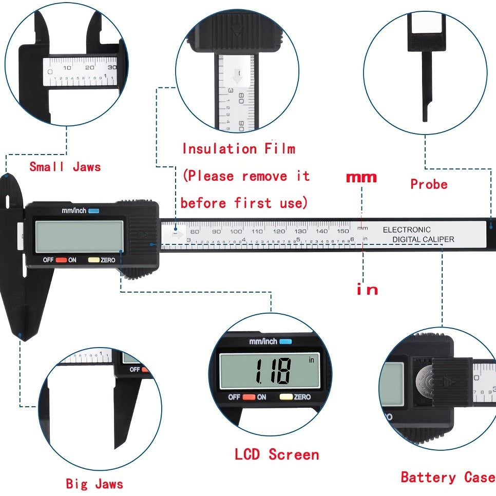 6-Inch Digital Vernier Caliper with Large LCD Display Locking Thumb Screw and Zero Setting