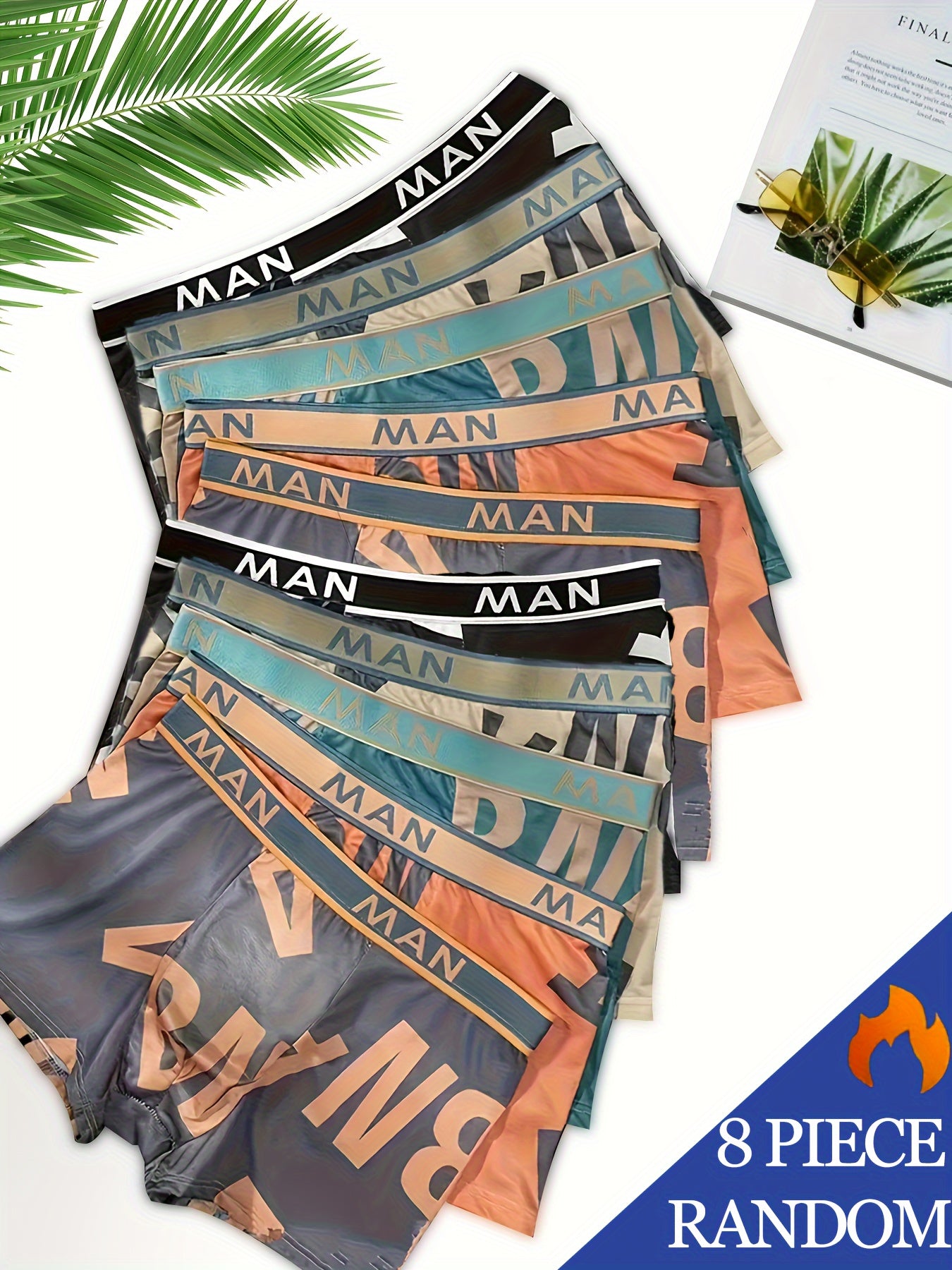 Erkaklar uchun 8 ta to'plam tez quriydigan boxer shortlari, alifbo naqshi bilan, Polyester 93%, Spandex 7%, hidga qarshi, yengil tasodifiy sport shortlari