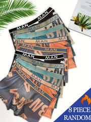 Erkaklar uchun 8 ta to'plam tez quriydigan boxer shortlari, alifbo naqshi bilan, Polyester 93%, Spandex 7%, hidga qarshi, yengil tasodifiy sport shortlari