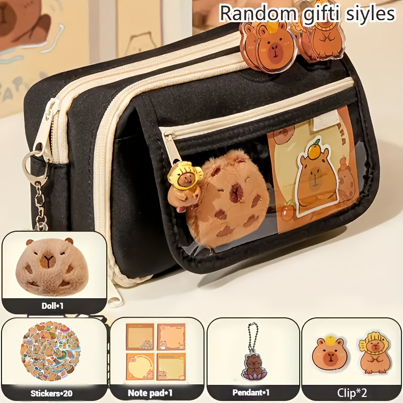 6-Piece Capybara Pencil Case Set with Zipper Canvas Bag Storage Box Notepad and Accessories