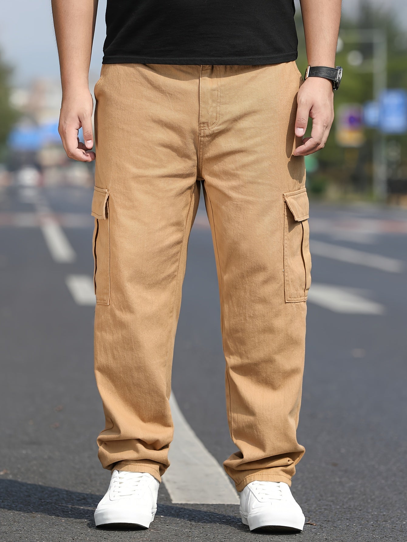 Мужские брюки-карго большого размера, 100% хлопок, однотонные, повседневные, классический крой