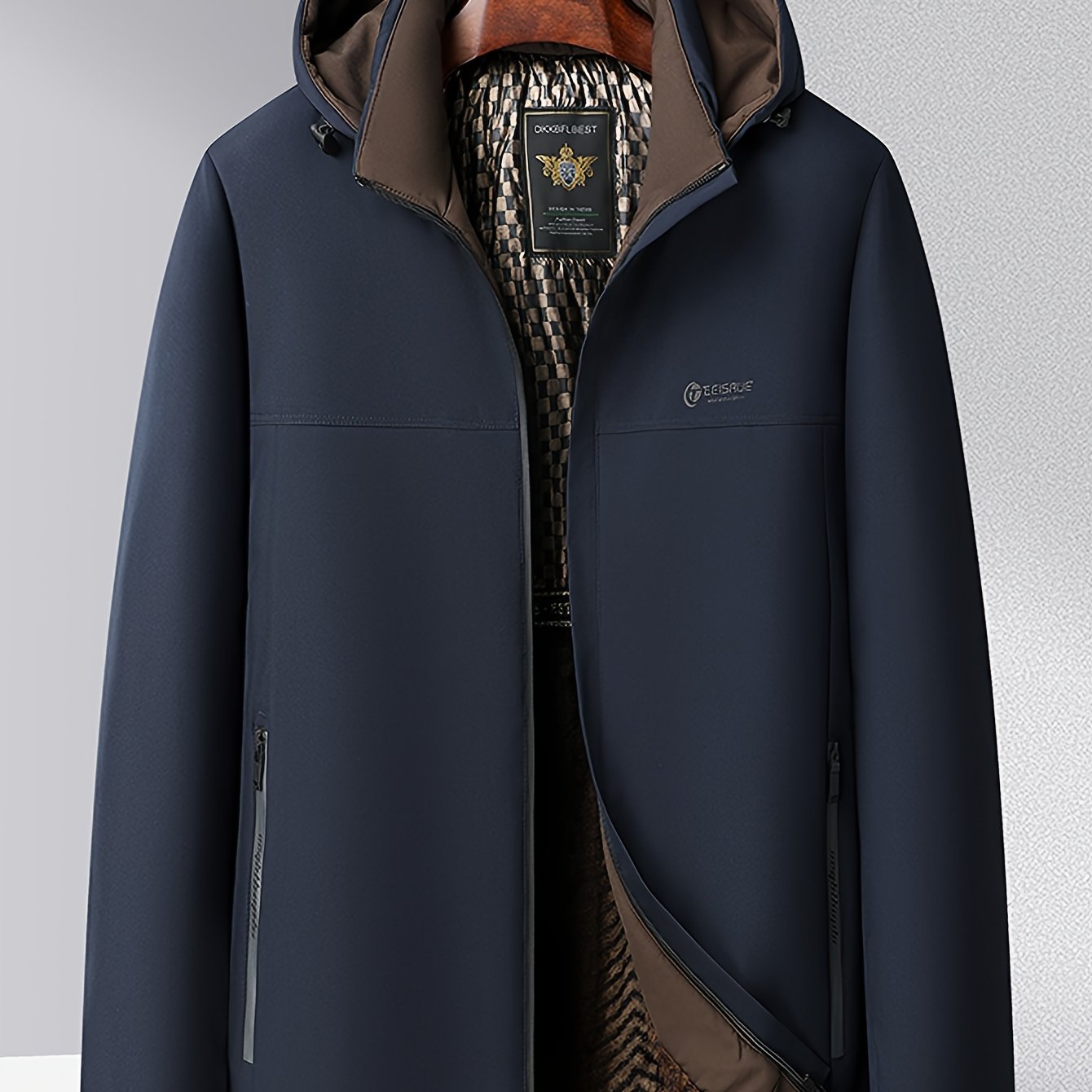 Men's Fleece-Lined Hooded Jacket with Detachable Hat Casual Outdoor Zip Closure