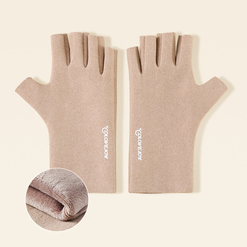 Long Velvet Fingerless Gloves Windproof Warm Touch Screen Compatible