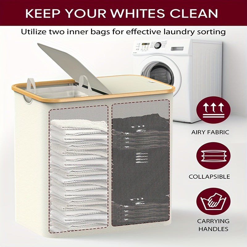 Большая корзина для белья с крышкой и 2 съемными мешками, идеально подходит для организации грязной одежды в прачечных, ванных комнатах и общежитиях. Эта складная корзина для хранения - незаменимый элемент для организации дома и школьных принадлежностей.