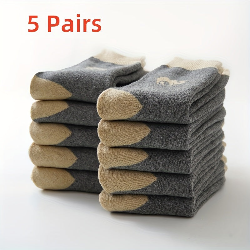 Men's Thermal Crew Socks 5 Pairs Cotton Blend Camel Pattern Warm Comfortable