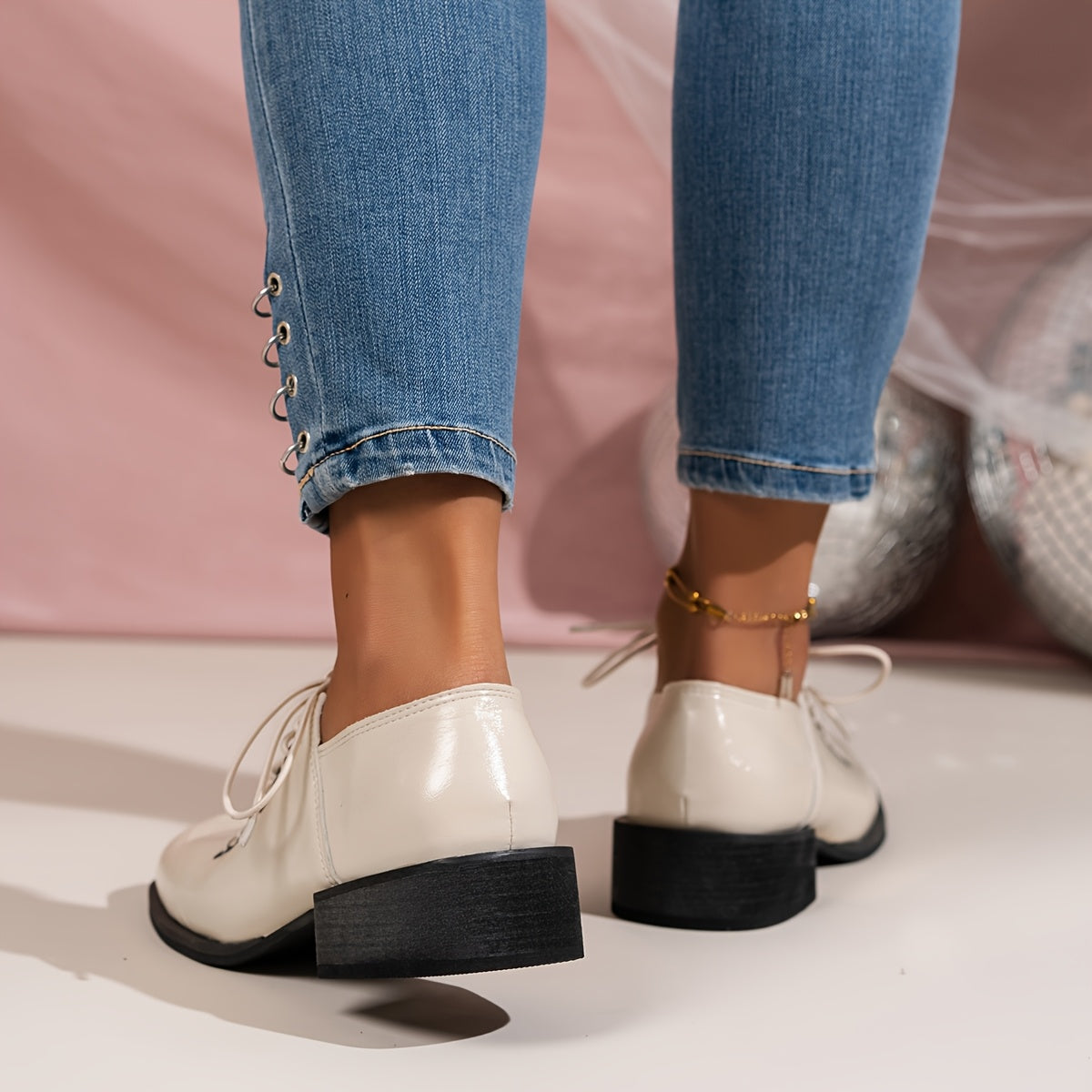 Women's Square Toe Block Heel Ankle Boots Black Leather Lace-Up Mid-Calf Stylish