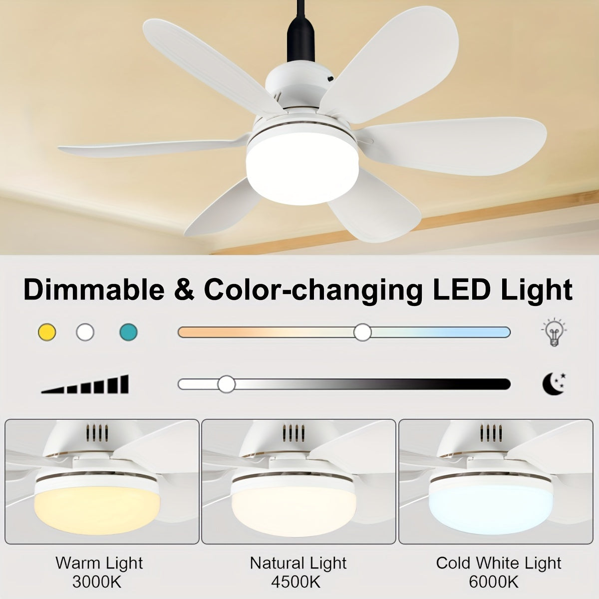 Smart Ceiling Fan with Dimmable LED Lights E26/E27 Socket for Home Use