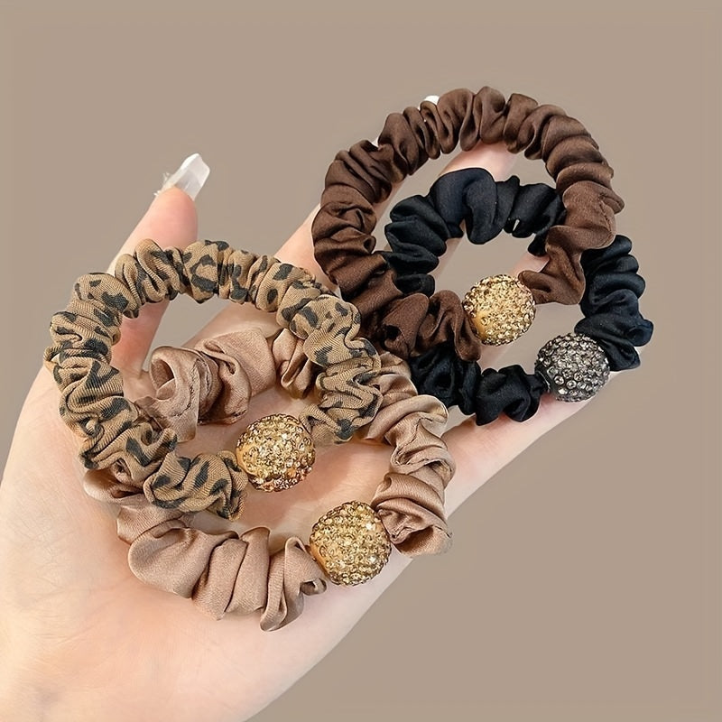Set of 4 Rhinestone Hair Ties with Leopard and Solid Color Designs for Adults