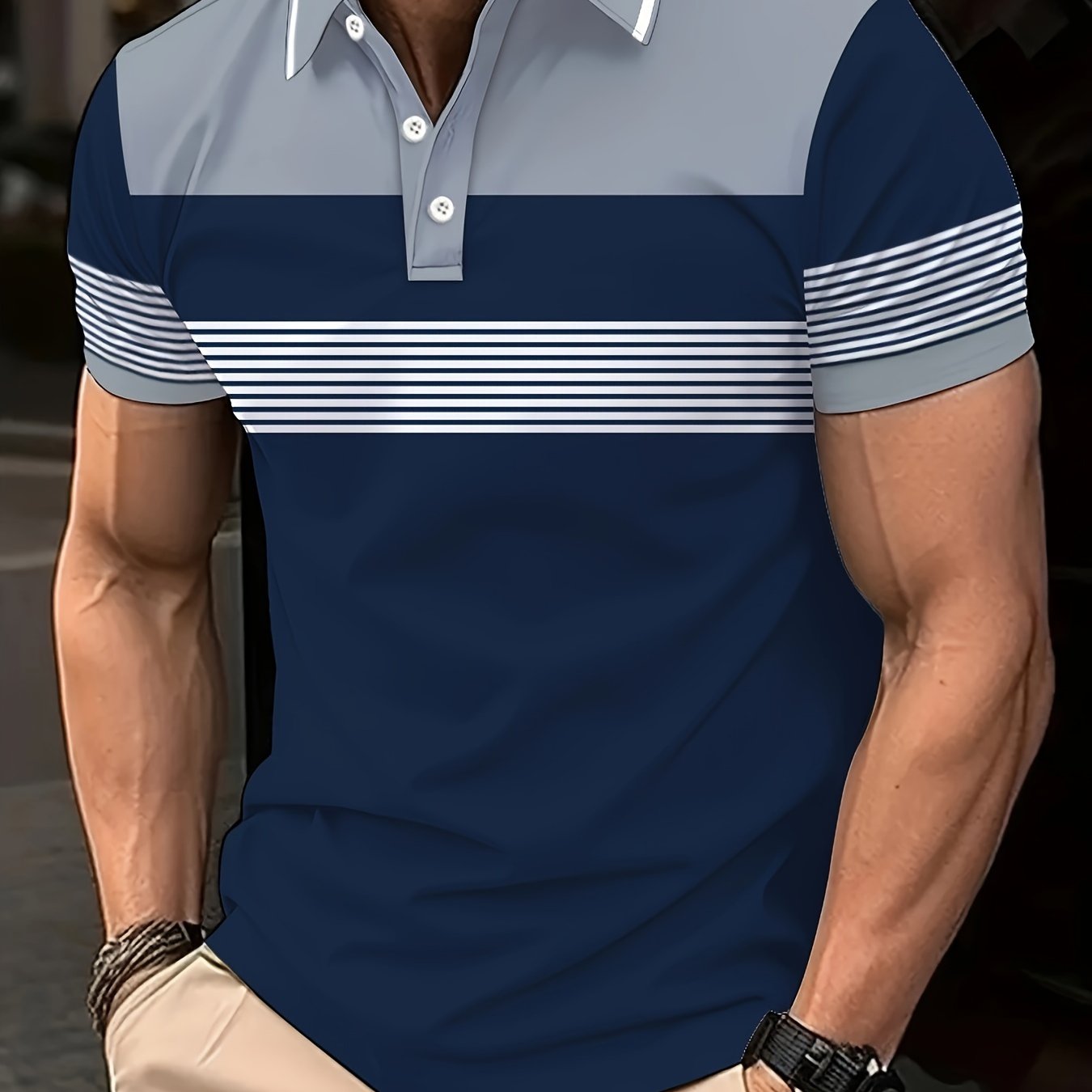 Camisa de golf de talla grande para hombre de manga corta, de poliéster transpirable con rayas, casual, azul marino y gris