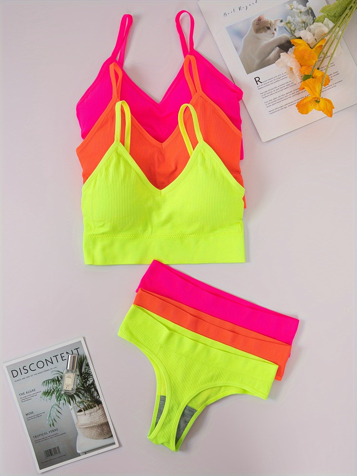 3-Piece Ribbed Lingerie Set with Bra, Panties, and Tank Top for Women