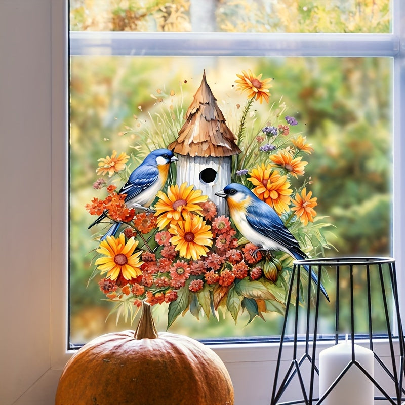 Matte Finish Vinyl Sticker Blue Birds Floral Birdhouse Decor 30cm