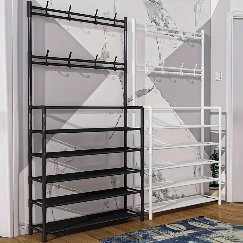 Black and White Shoe and Hat Rack with Dustproof Cover 8 Hooks for Entryway Living Room Bedroom