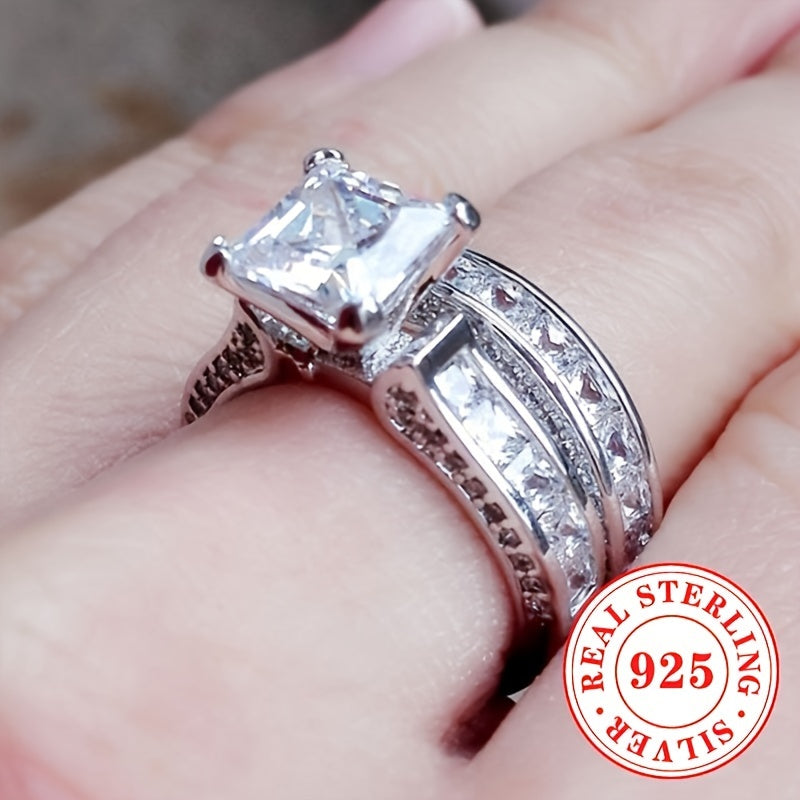 Sterling Silver Bridal Ring Set for Women Square-Cut Cubic Zirconia Engagement Wedding Jewelry