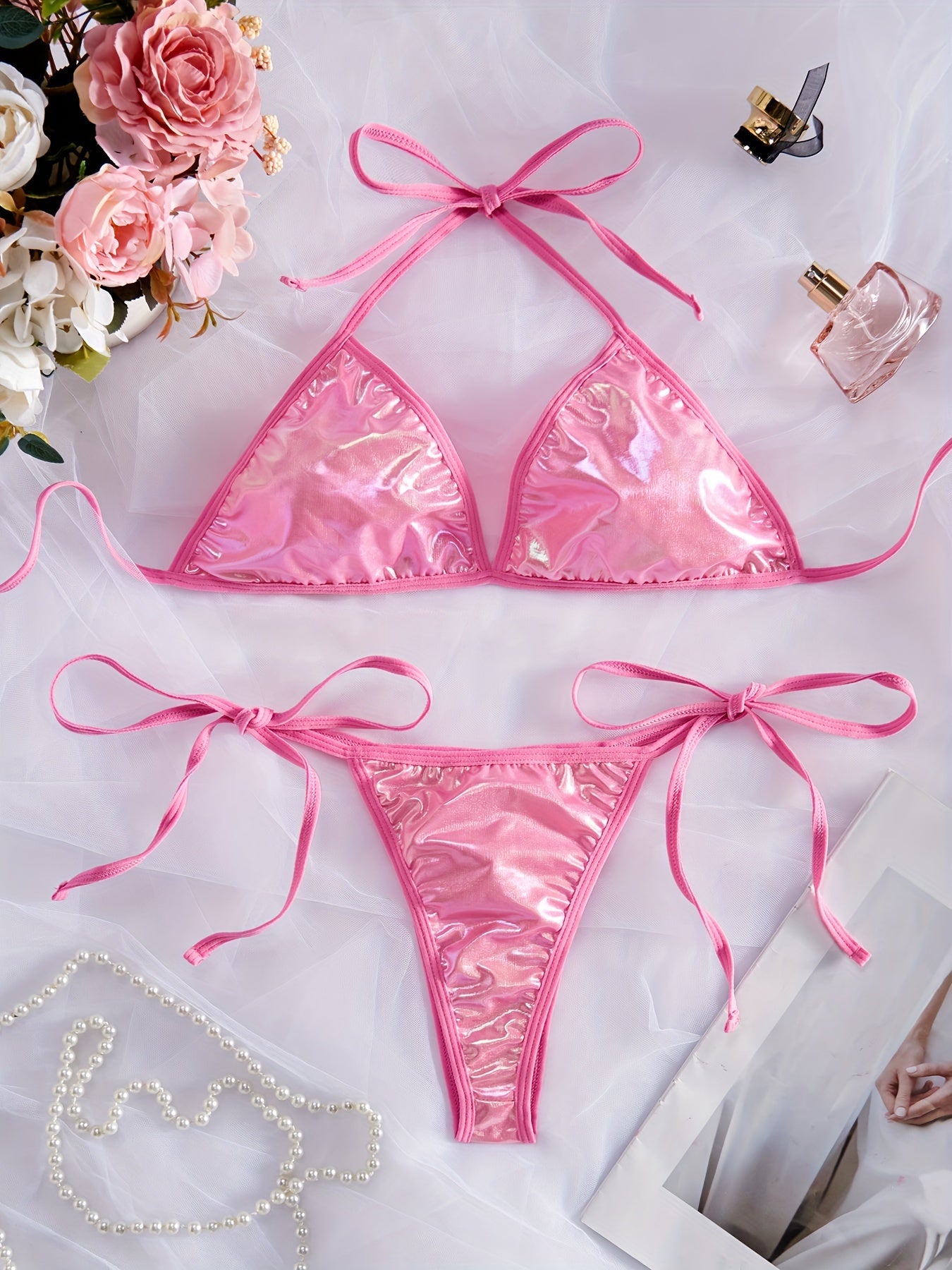 Women’s Metallic Halter Neck Lingerie Set with Backless Bra and Tie Side Thong