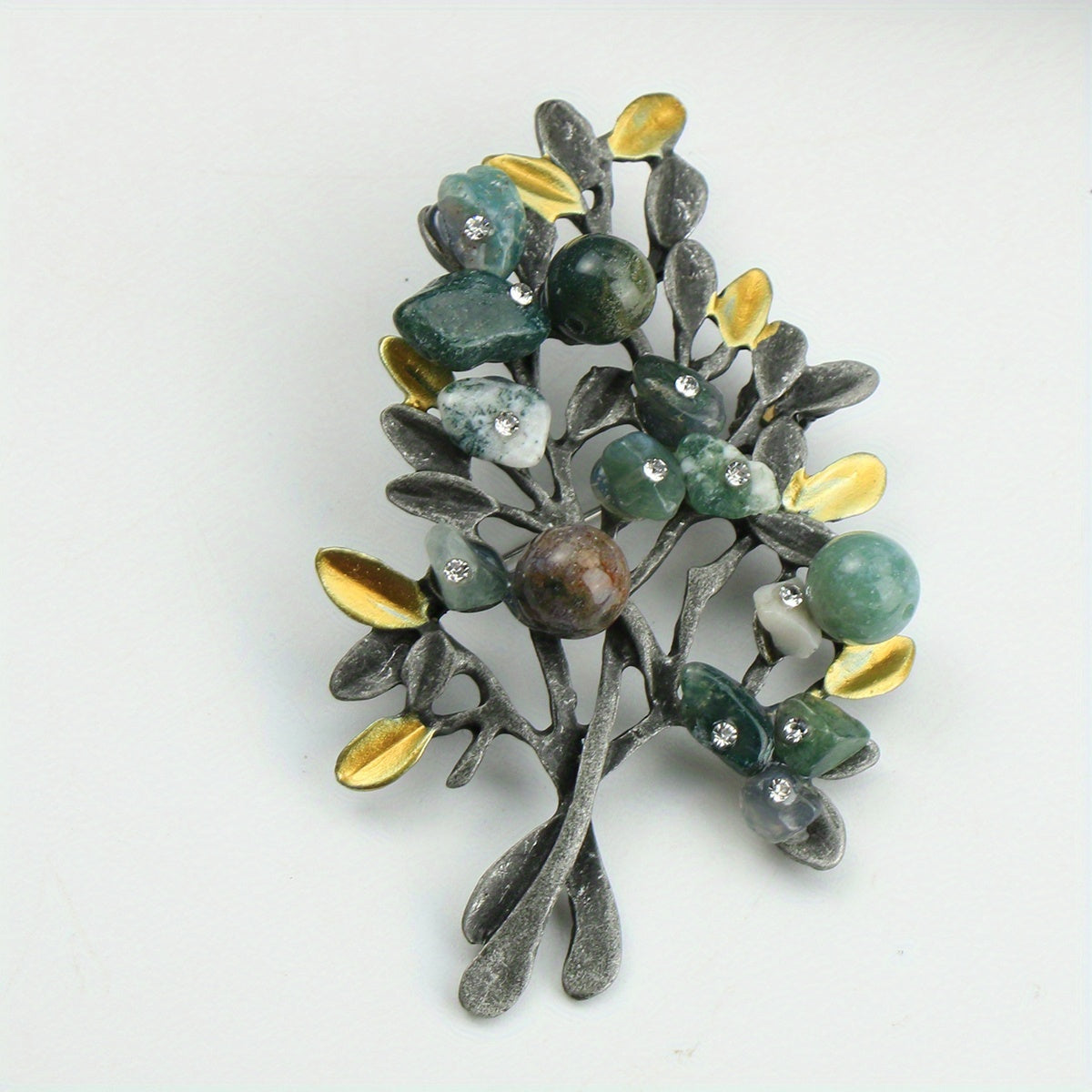 Vintage Enamel Brooch with Rhinestones Tree of Life Floral Jewelry for Women