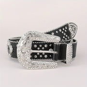 Cinturón unisex de cuero brillante con incrustaciones de rhinestones, hebilla tallada, remaches cruzados y diseño con tachuelas para hip hop, Y2K, vaqueros y pantalones