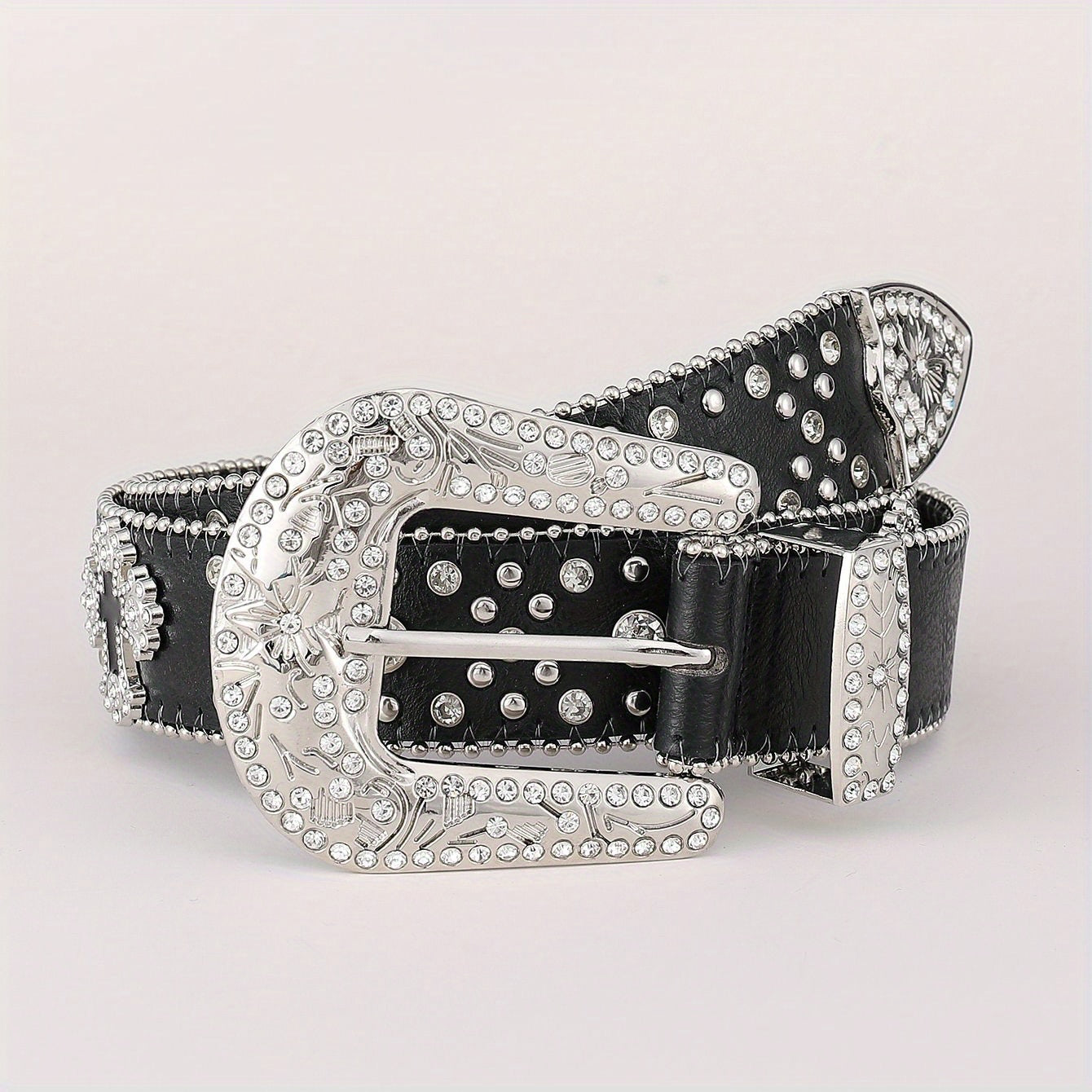 Cinturón unisex de cuero brillante con incrustaciones de rhinestones, hebilla tallada, remaches cruzados y diseño con tachuelas para hip hop, Y2K, vaqueros y pantalones