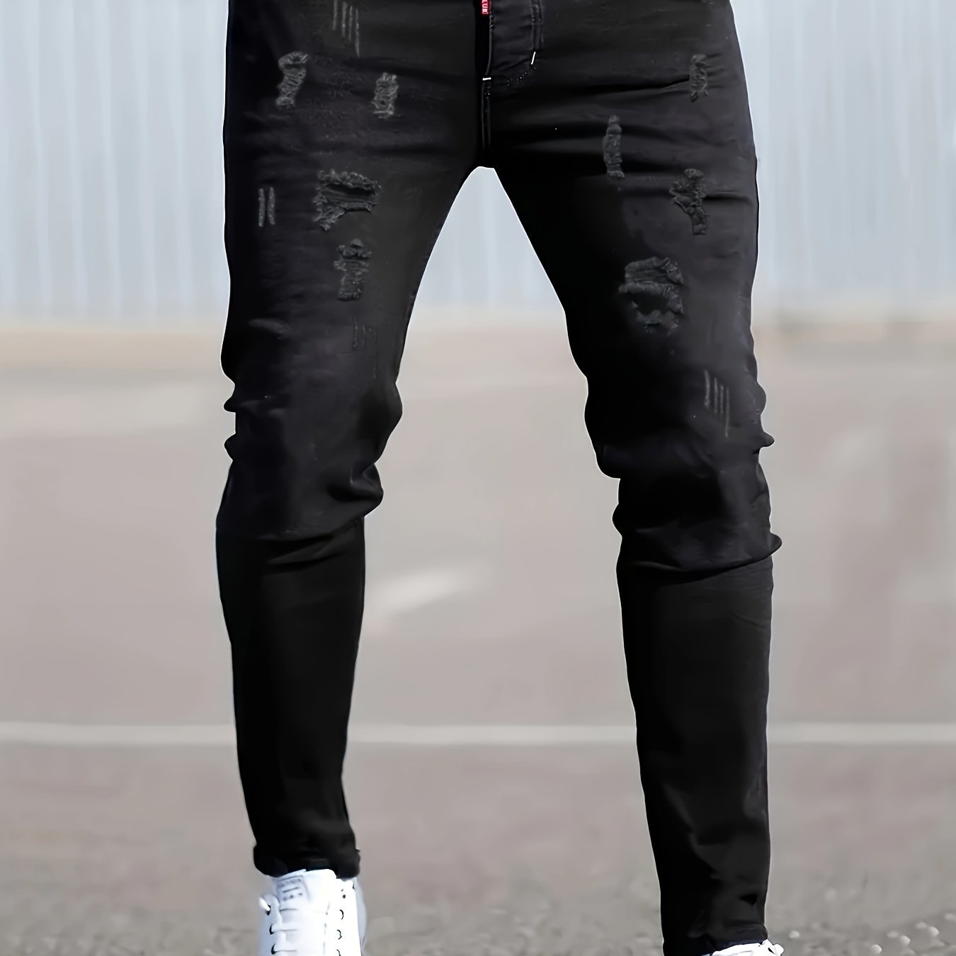 Men's Black Ripped Skinny Jeans with Stretch, All-Season, Machine Washable
