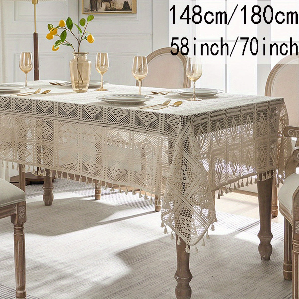 Beige Crochet Tablecloth with Tassels for Home and Party Table Settings