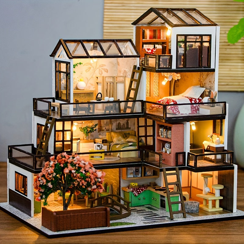 Miniature Dollhouse Kit with LED Lights and Furniture for Teens and Adults