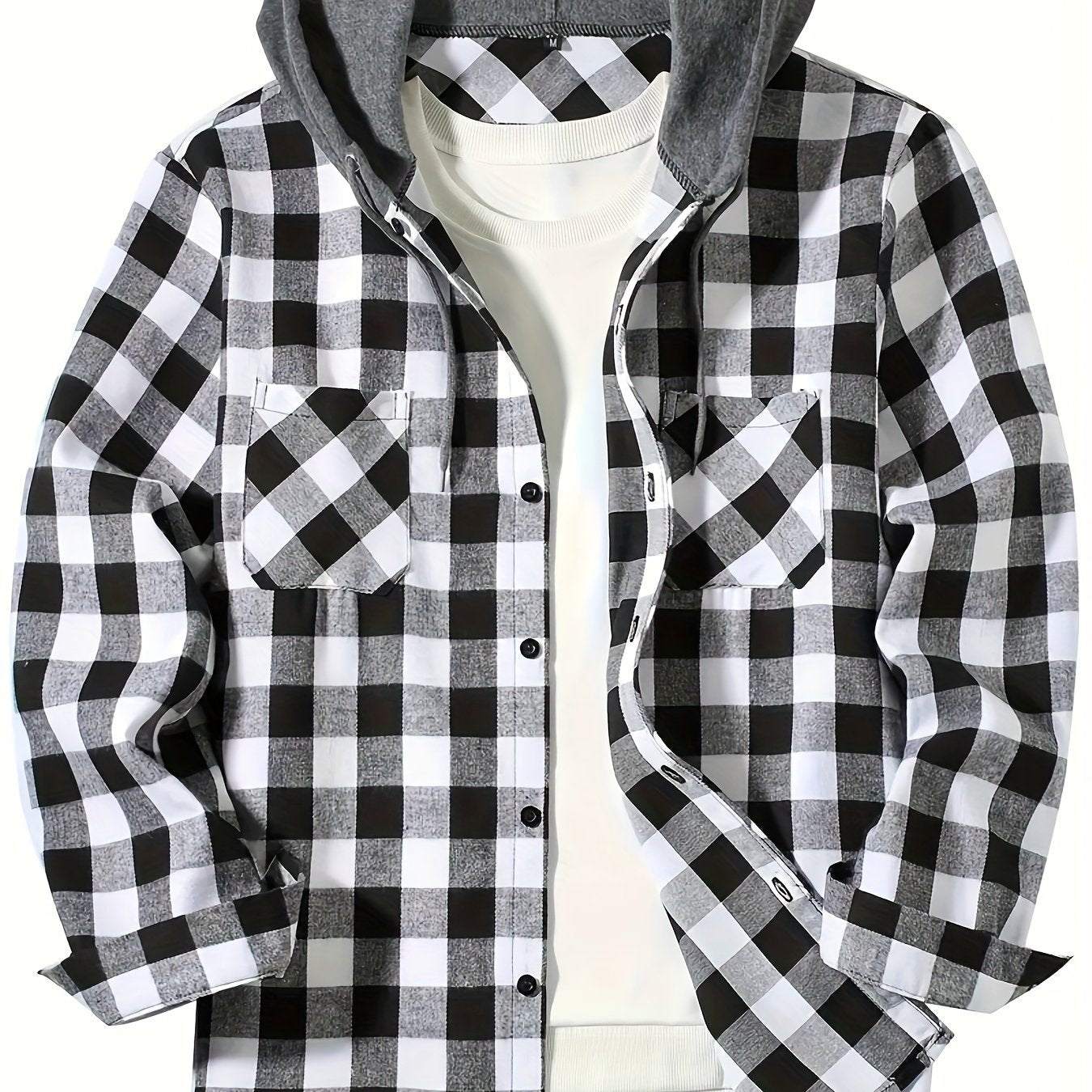 Men's Hooded Plaid Shirt Long Sleeve Casual Spring Fall Polyester Rayon
