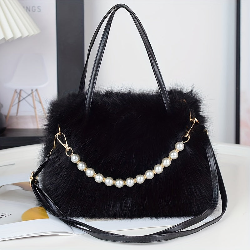 Faux Fur Crossbody Bag for Women with Pearl Accents in Pink Black White Khaki Coffee