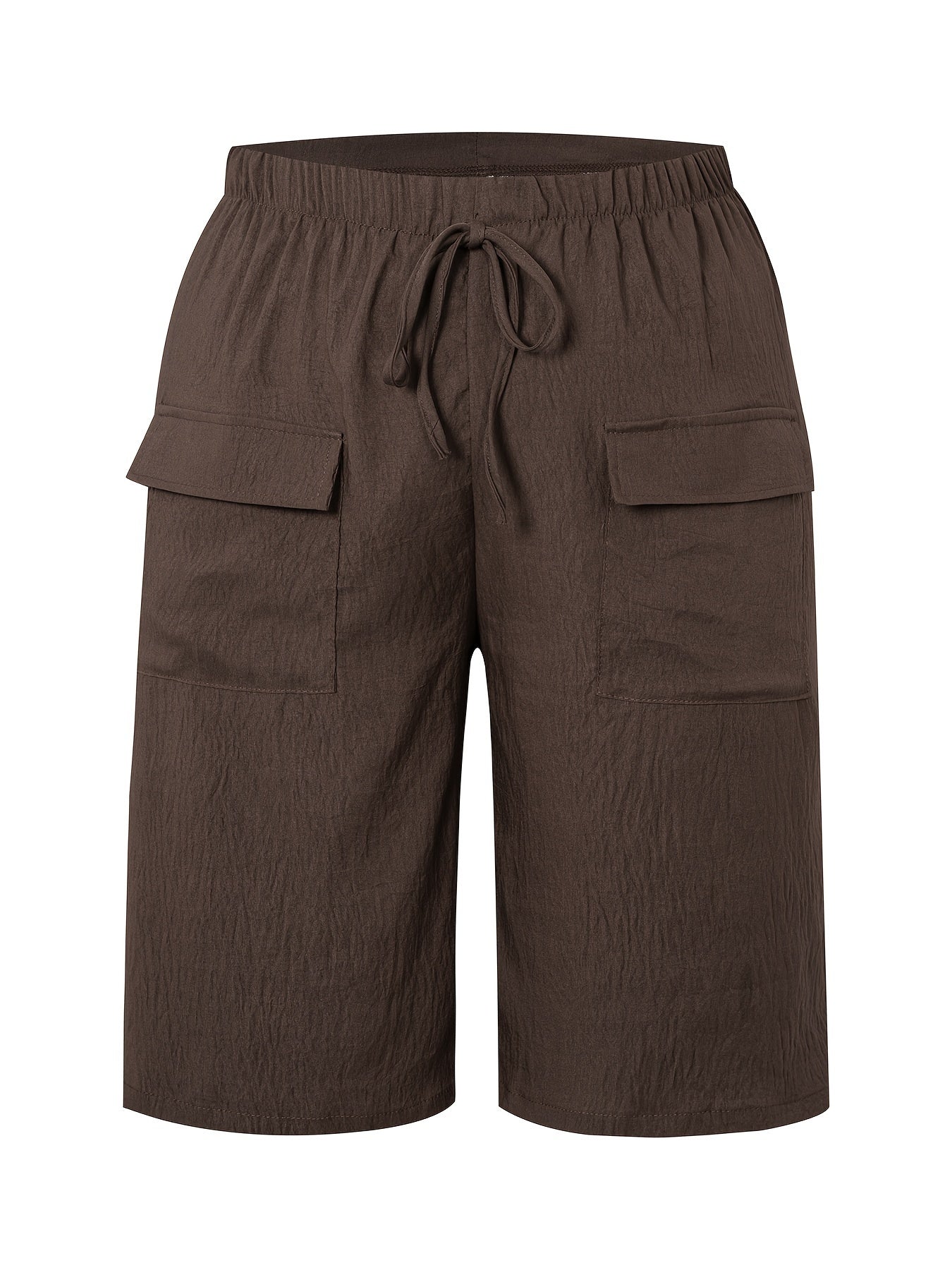 Katta o'lchamdagi ayollar uchun oddiy rangdagi casual shortlar, tortish belbog'i va cho'ntaklar bilan, cho'zilmaydigan polyesterdan tayyorlangan va mashinada yuvish mumkin.