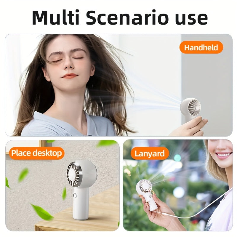 Mini handheld fan with rechargeable battery white pink blue travel outdoor modern cylindrical shape