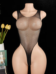 Women's Sheer Lace-Up Rhinestone Backless Jumpsuit Lingerie