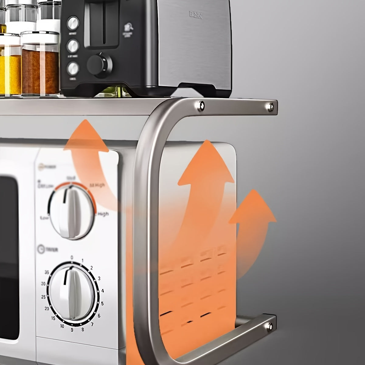 Ko‘p funksiyali mikroto‘lqinli pech uchun javon, himoya qopqog‘i bilan, qora, kumush va oq, stol usti tashkilotchisi