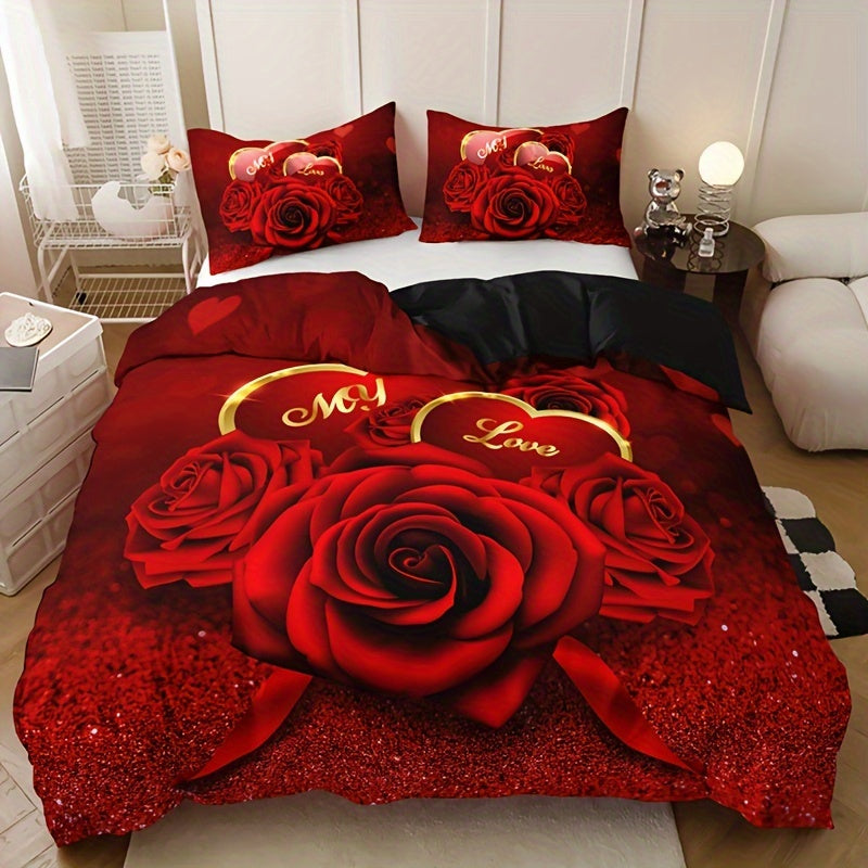 Conjunto de ropa de cama con funda nórdica de flores de rosas rojas románticas de 3 piezas con impresión HD para el Día de San Valentín