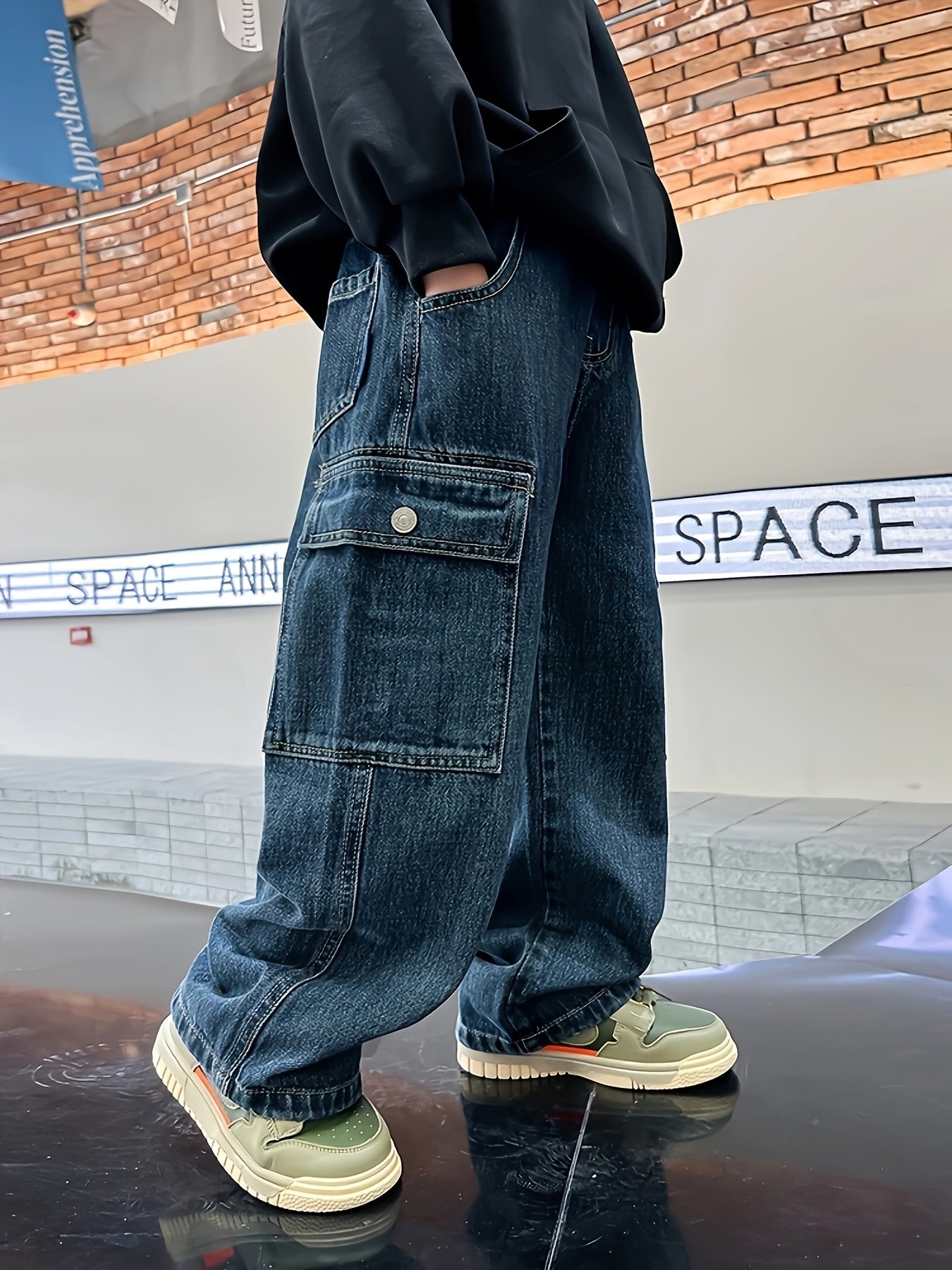 Teen Boys Cargo Pants with Elastic Waist Denim Long Length Casual Streetwear