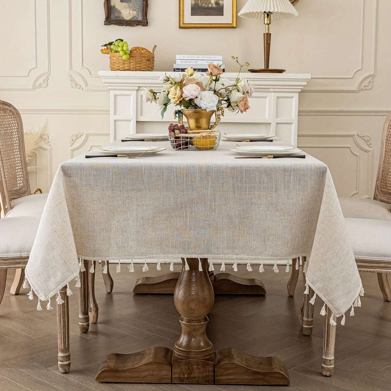 Polyester Cream Tassel Lace Tablecloth Khaki for Holidays and Parties