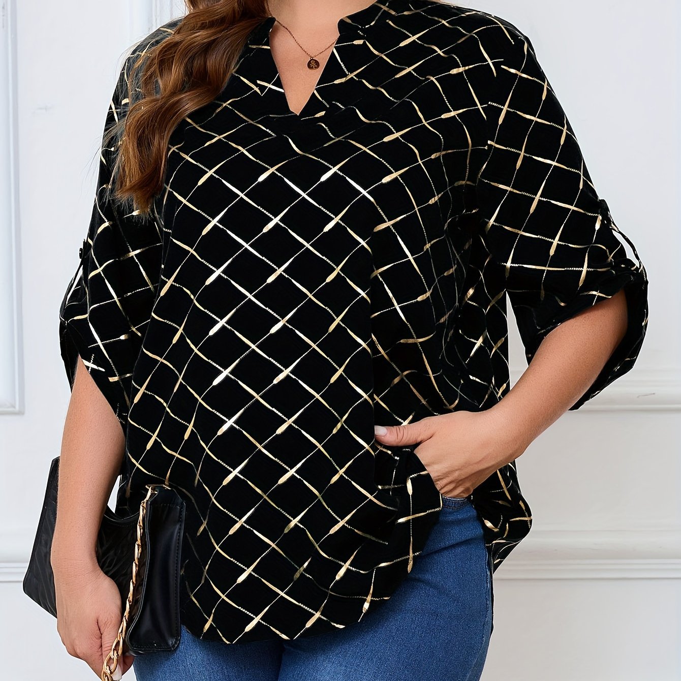 Women's Plus Size Heat Transfer Print Split Neck Long Sleeve Casual Top