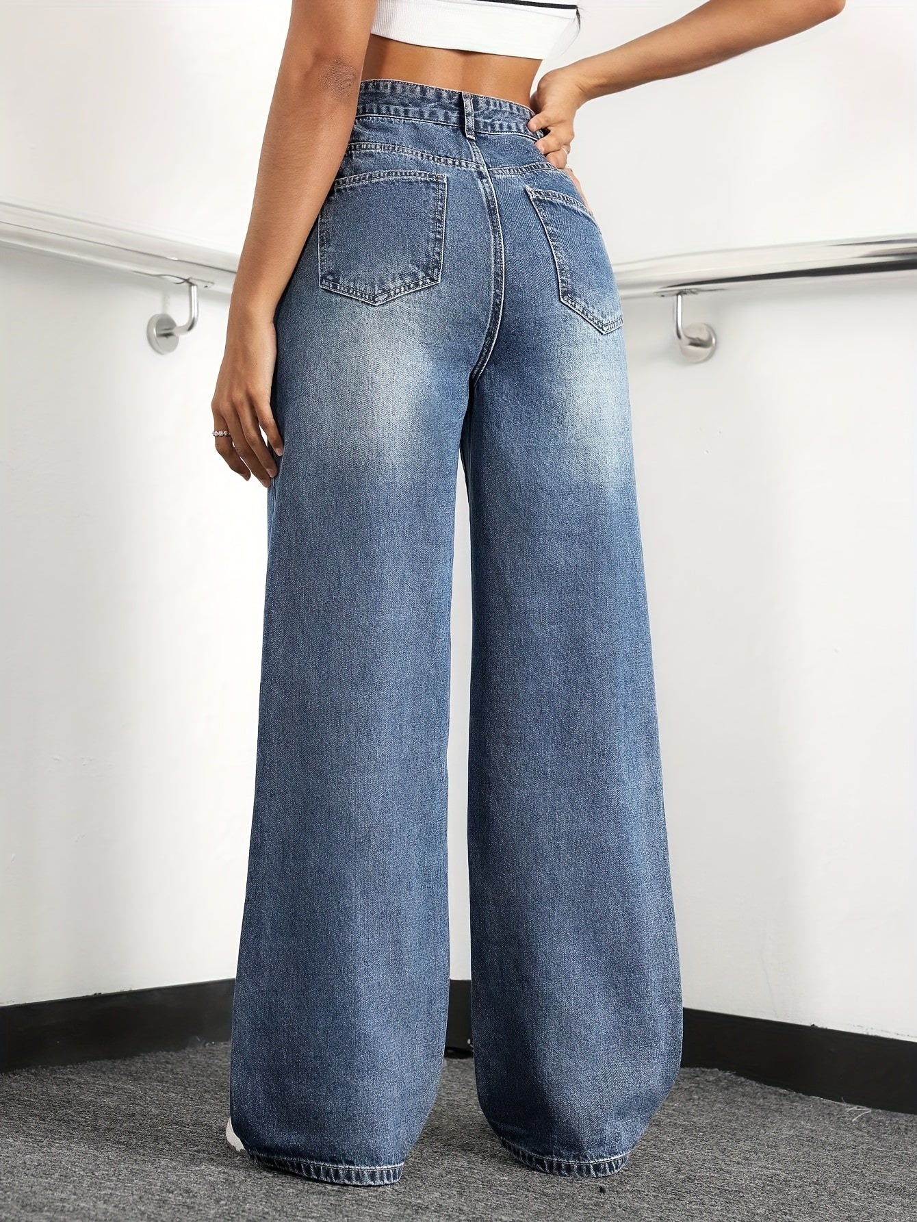 Women's Wide Leg Jeans High Waist Washed Details Casual Cotton Blend