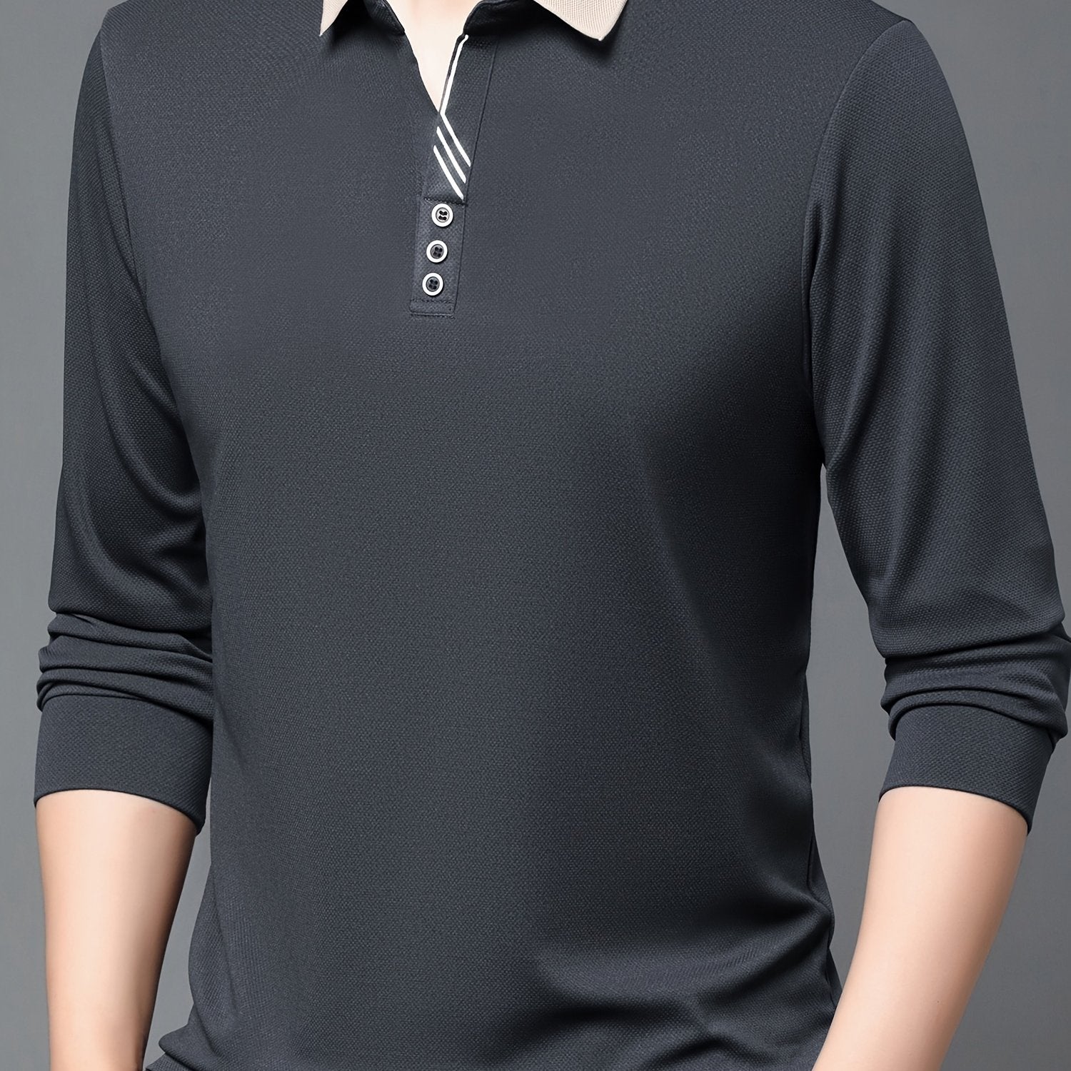 Men's Long Sleeve Polo Shirt Casual Business Solid Color Stretch Knit Regular Fit