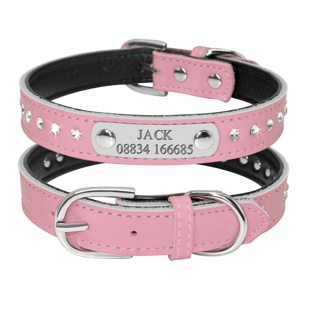 Leather Pet Collar for Small Dogs and Kittens Adjustable with Nameplate and Free Engraving