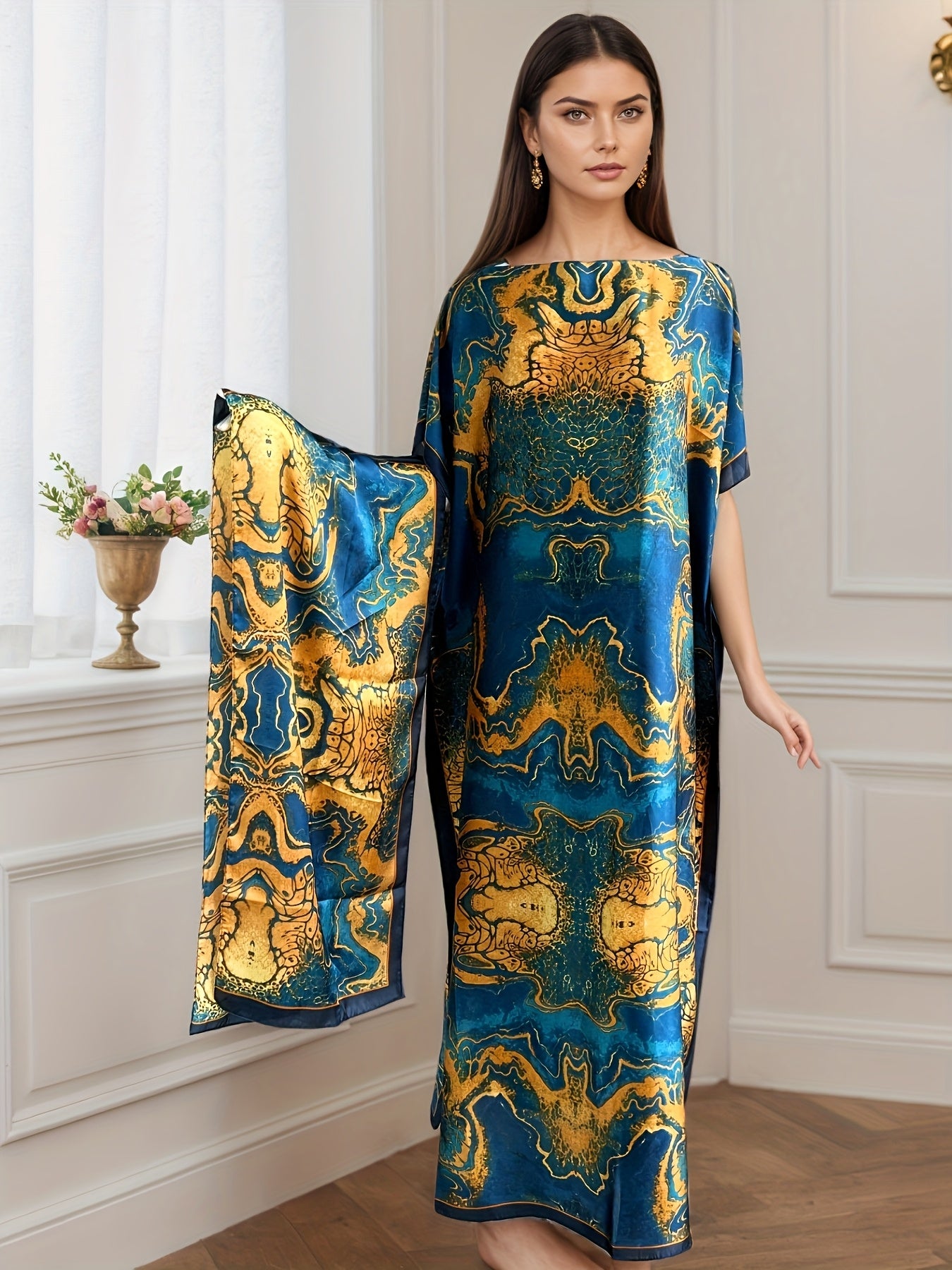 Ayollar uchun kattaroq o'lchamdagi gul bosma batwing ko'krakli maksi kiyim, kundalik va rasmiy, barcha mavsumlar uchun