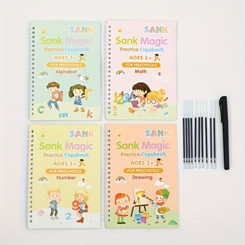 Conjunto de libros de práctica de caligrafía en inglés para niños de 3 años en adelante con pluma de acero, pluma dura y ranuras digitales