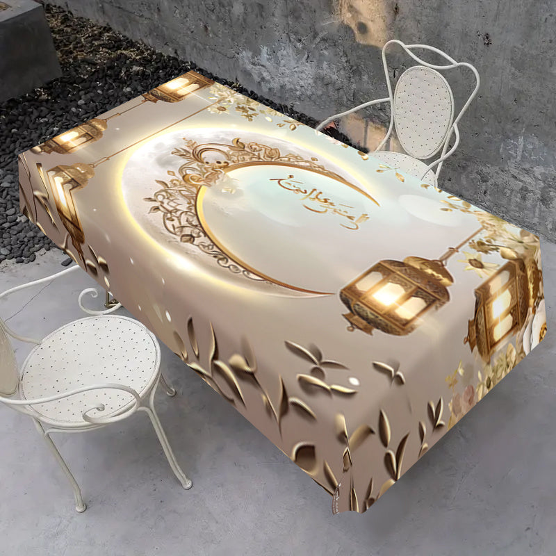 Eid Al Fitr Polyester Square Waterproof Stain-Resistant Tablecloth with Golden Moon and Lantern Pattern