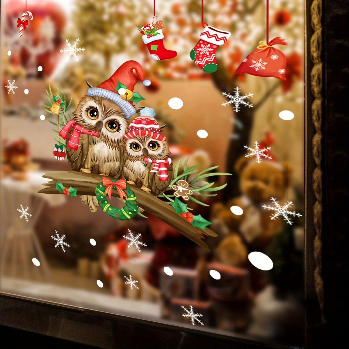 Christmas Owl Window Decals Vinyl Holiday Decor 30x35cm Double-Sided