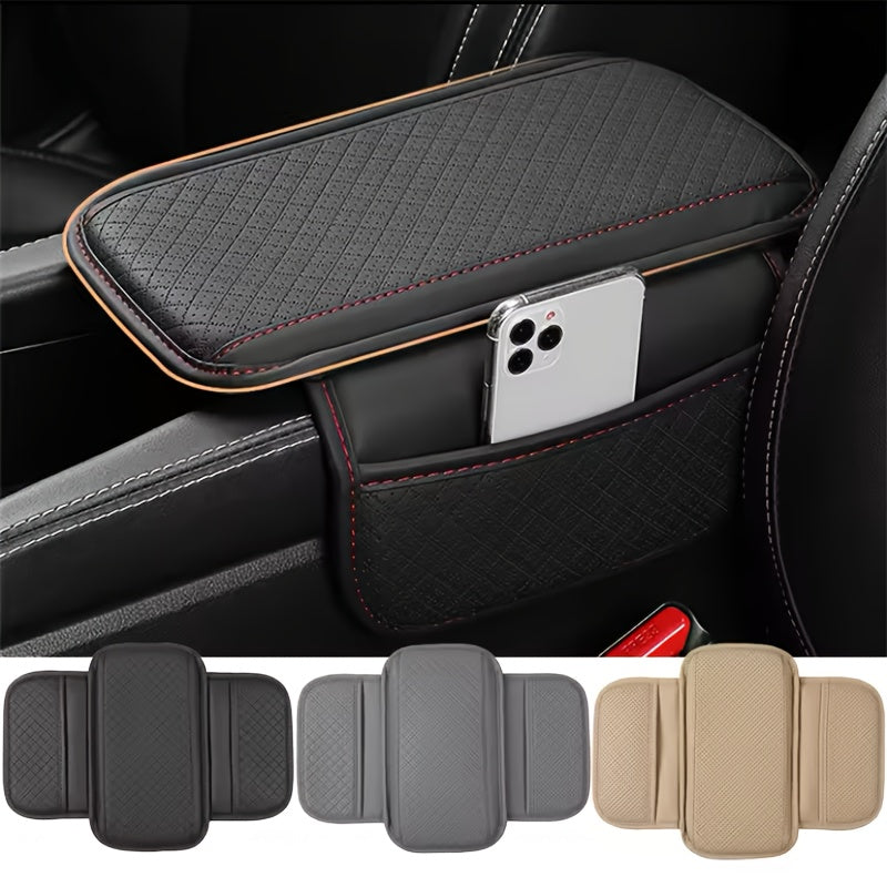 PU Leather Car Armrest Cushion Memory Foam Dual Storage Pockets Breathable Interior Accessory