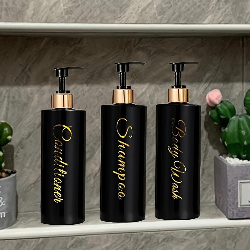 3-Piece 500ml White Plastic Bathroom Dispenser Set with Gold Labels for Shampoo Conditioner Body Wash