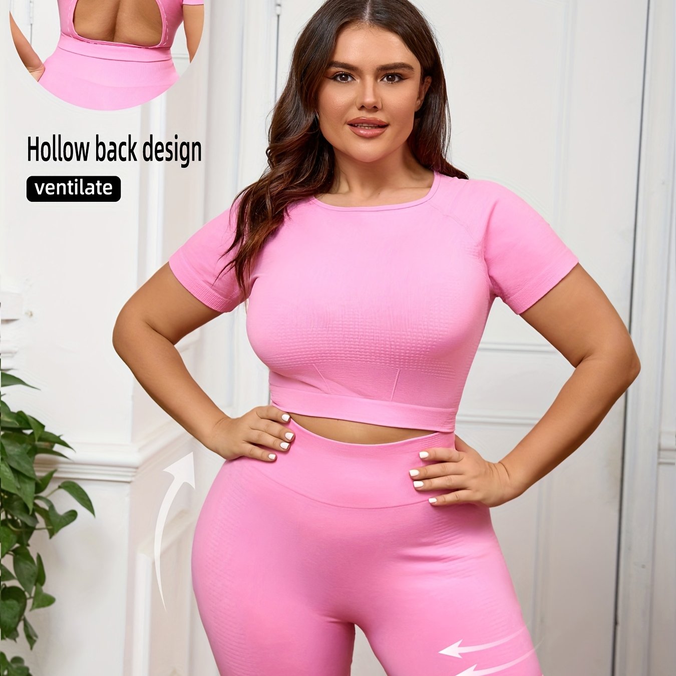 Plus Size Women's Seamless Nylon Yoga Set Short Sleeve T-Shirt and Tight Shorts