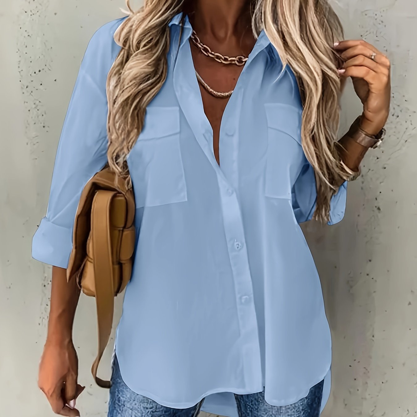 Women's Plus Size Casual Cotton Blend Blouse with Solid Color Long Sleeves and Lapel Collar