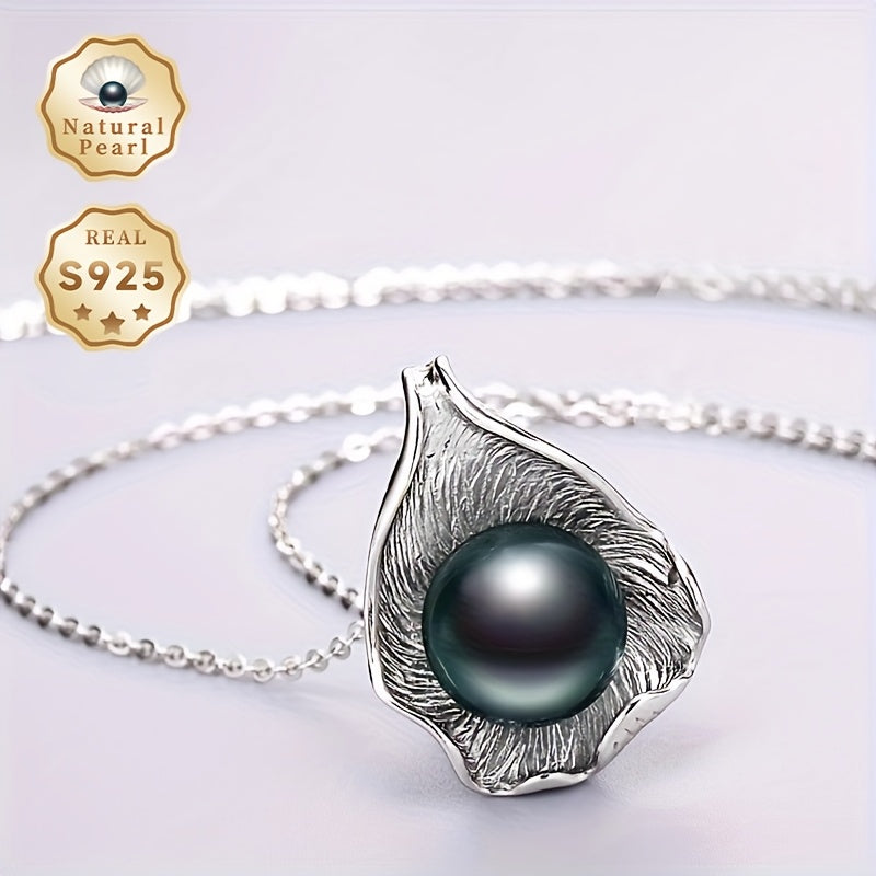 Vintage Tahitian Black Pearl Pendant Necklace Sterling Silver Leaf Design for June Birthdays