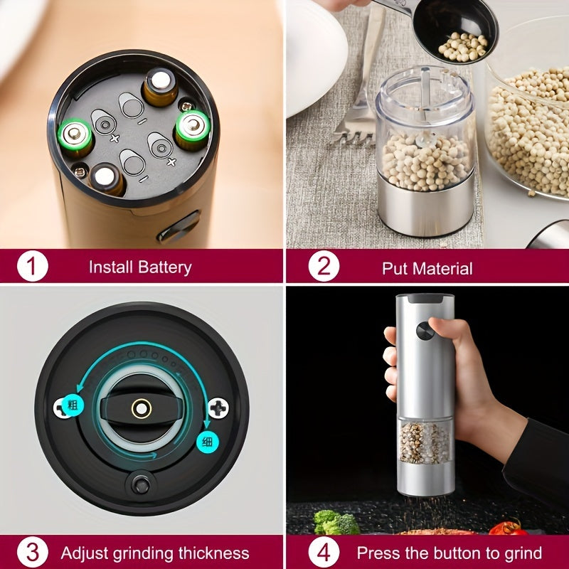 Electric pepper salt grinder set stainless steel clear bin battery operated for home holiday gifts